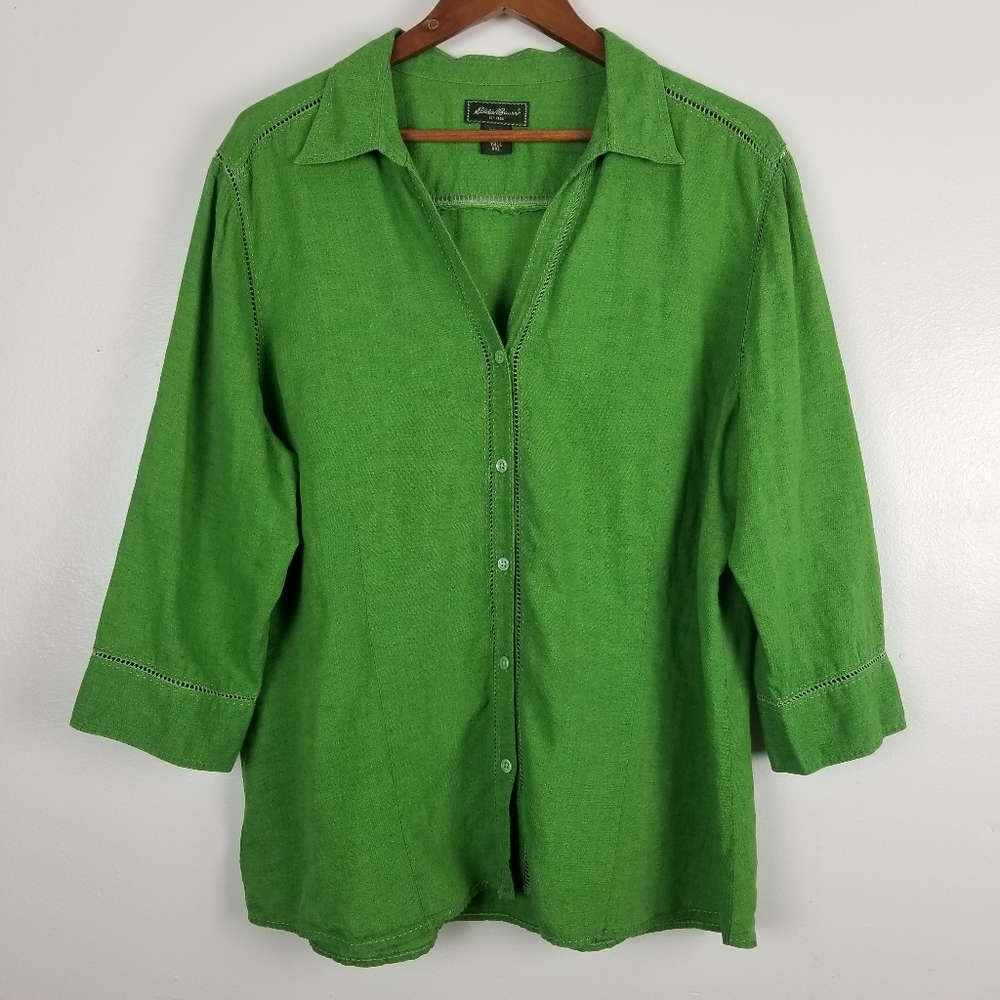 EDDIE BAUER Green Linen Button Up Blouse Sz XXL Tall
